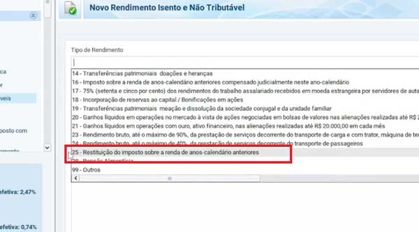 ITEM 25 RENDA ISENTA E NAO TRIBUTAVEL DECLARACAO EM PROCEDIMENTOS IRPF 2024