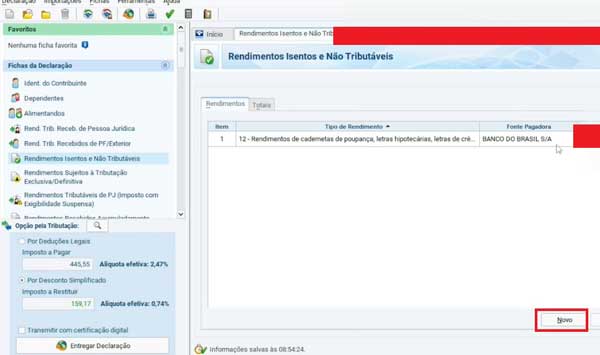 NOVO RENDA ISENTA E NAO TRIBUTAVEL DECLARACAO EM PROCEDIMENTOS IRPF 2024