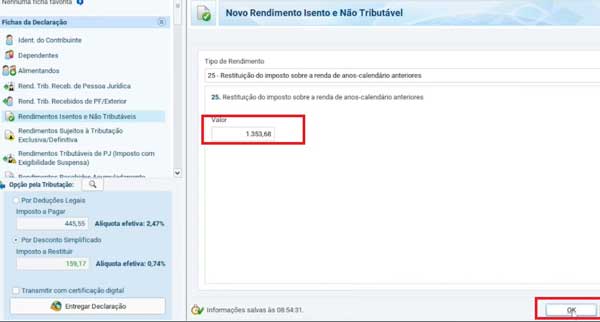 VALOR DA COPIA ITEM 25 RENDA ISENTA E NAO TRIBUTAVEL DECLARACAO EM PROCEDIMENTOS IRPF 2024