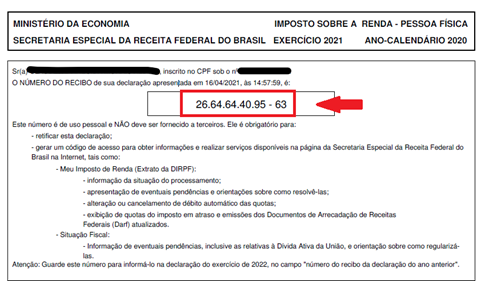 Quantos numeros tem o recibo do imposto de renda?